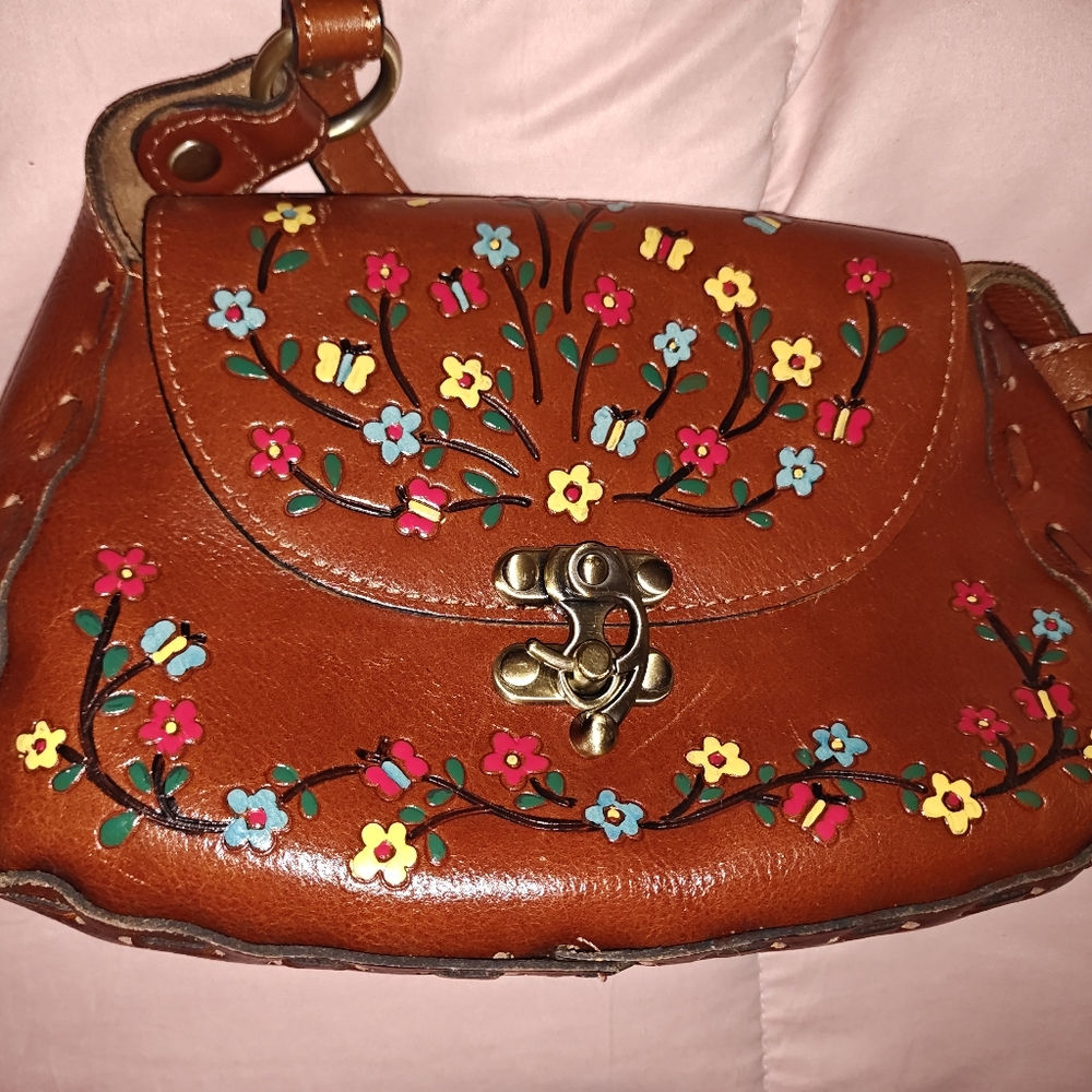 Floral Embroidered Brown Leather Bag